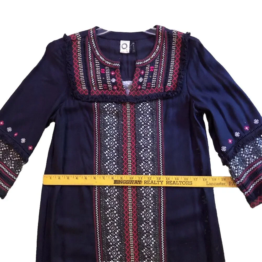 Anthropologie Akemi + Kin Tessa Dress Womens Sz 8 Navy Embroided Boho Festival